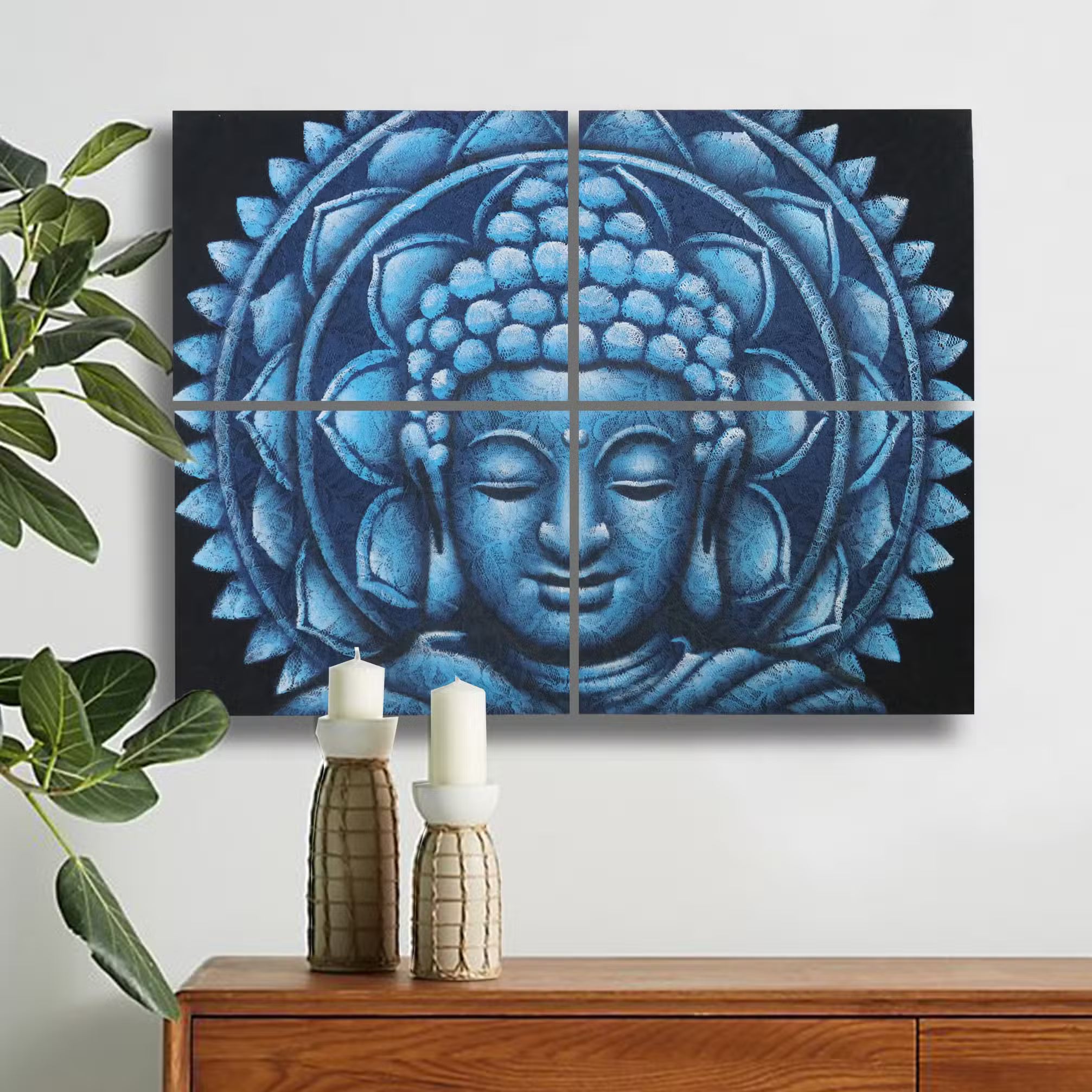 Bouddha Mandala Bleu Détail Brocart - 30x40cm x 4