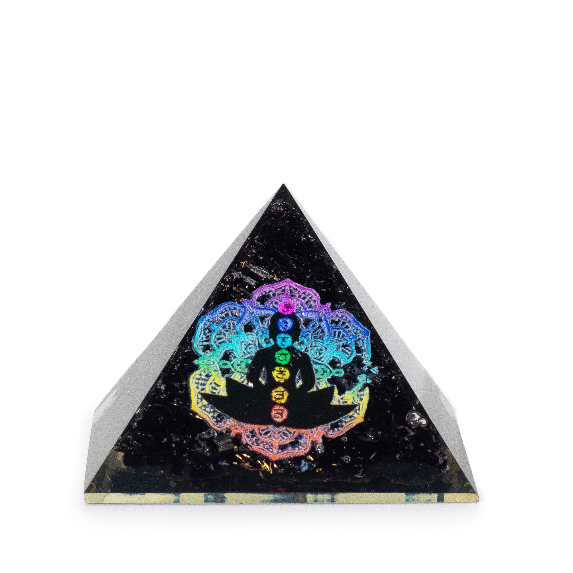 Petite Pyramide en Orgonite 5,5 x 4,5 cm – Bouddha Chakra – Pépites de Tourmaline Noire