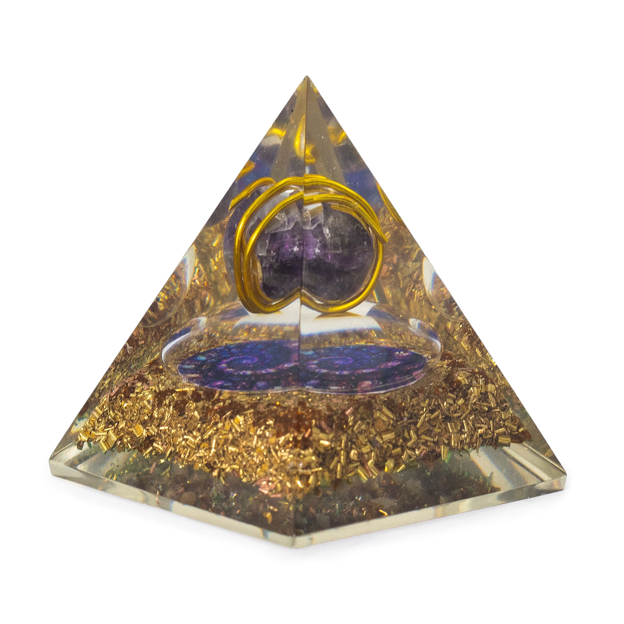 Pyramide d’Orgonite Moyenne 7 x 6 cm – Améthyste Enveloppée – Pépites de Cuivre