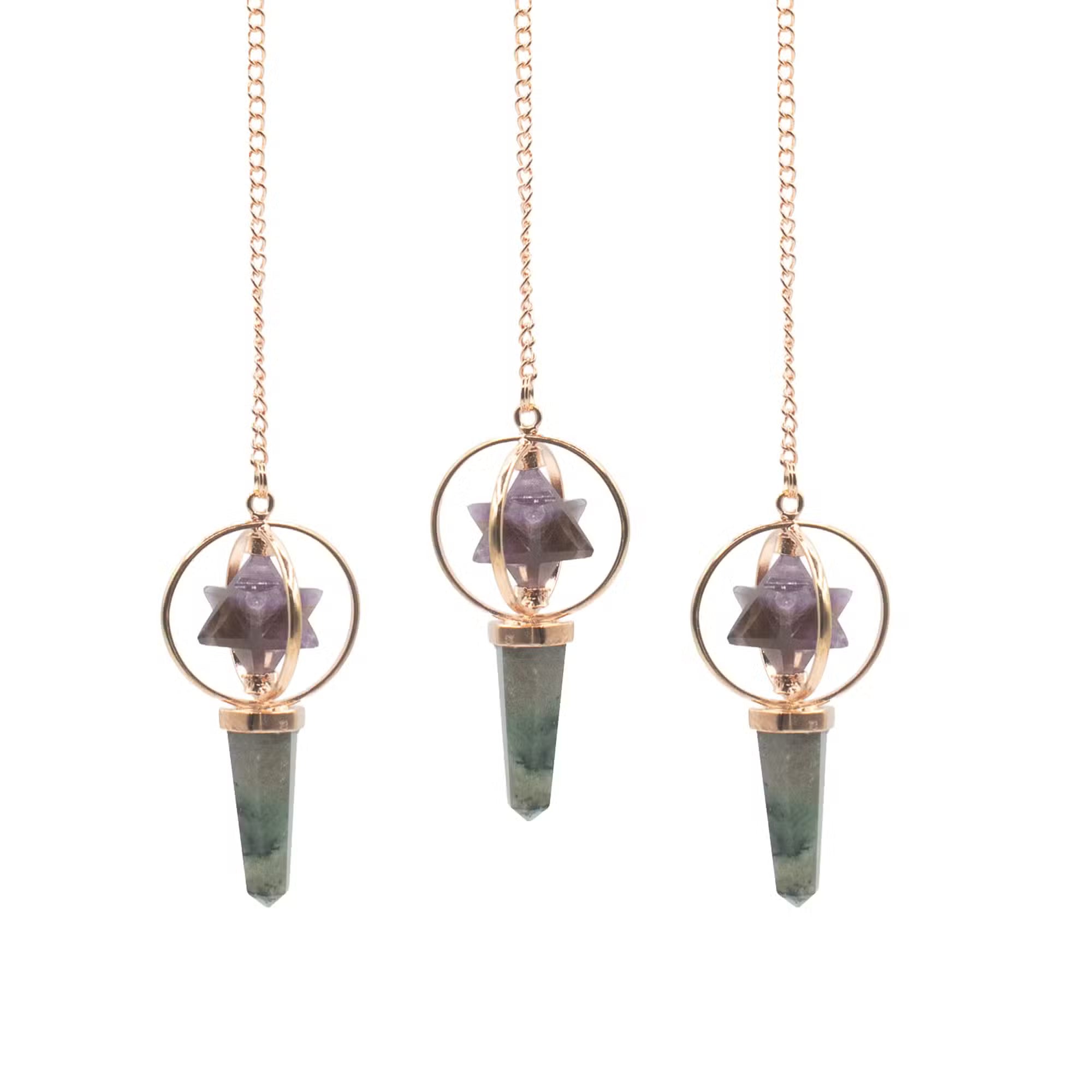 Navigateur Cosmique - Étoile Merkaba tournante à deux pièces dans un pendule en cuivre - Améthyste et Labradorite