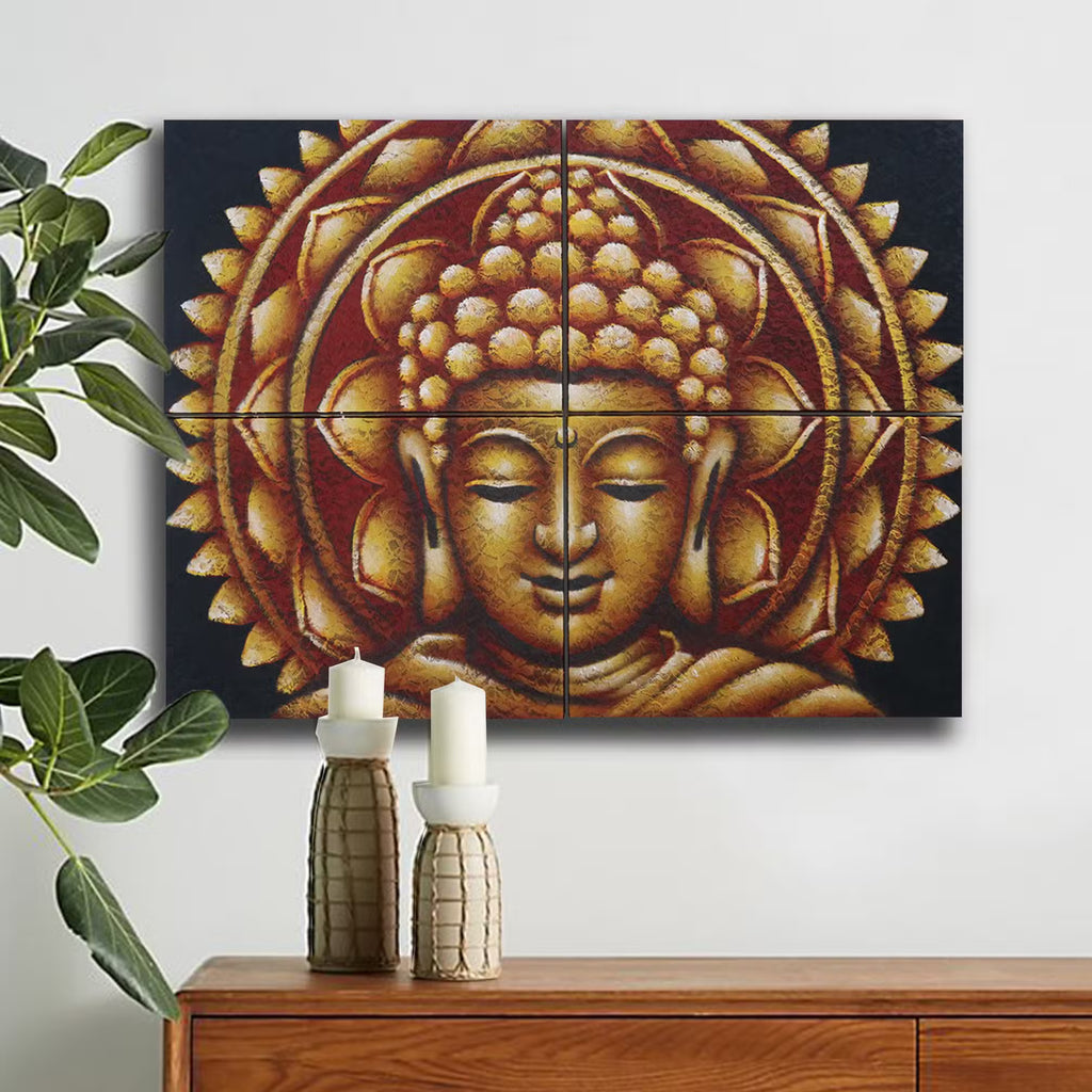 Bouddha Mandala Doré Détail Brocart - 30x40cm x 4