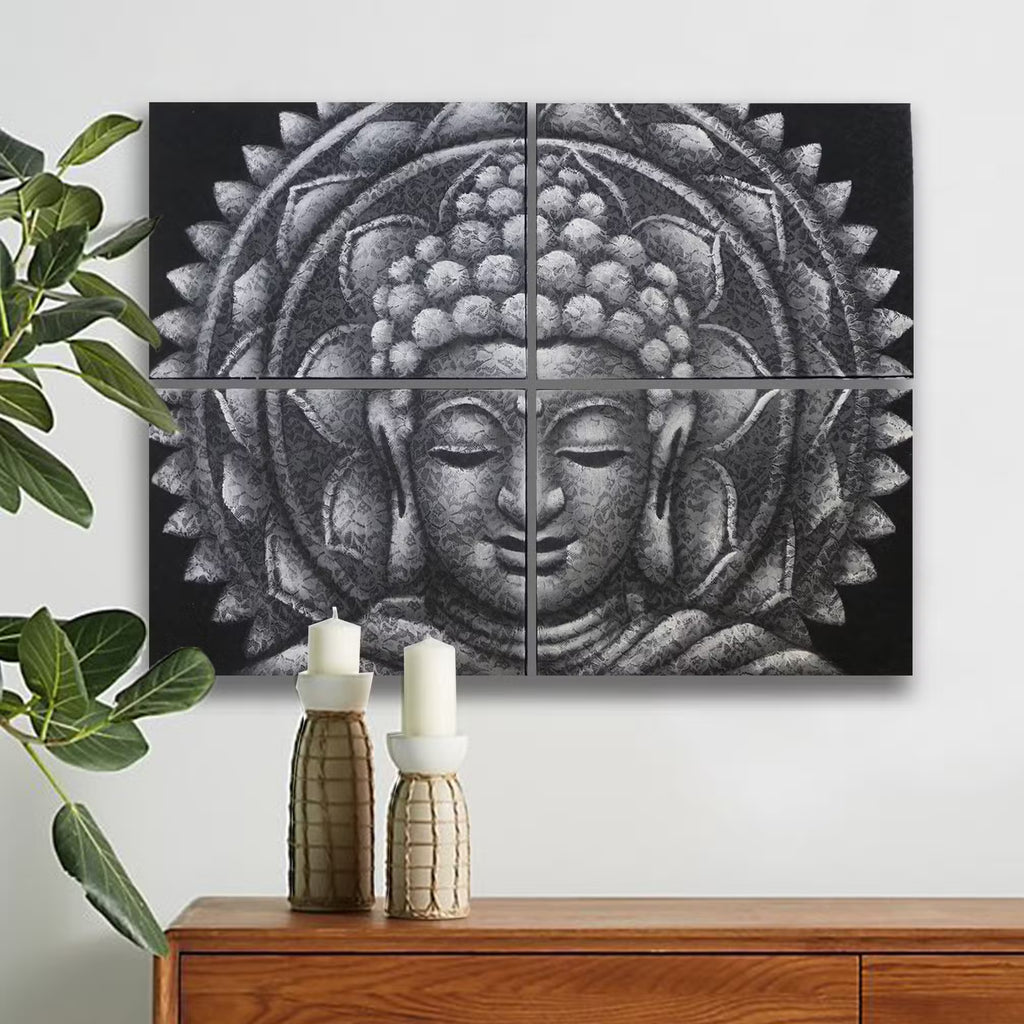 Bouddha Mandala Gris Détail Brocart - 30x40cm x 4