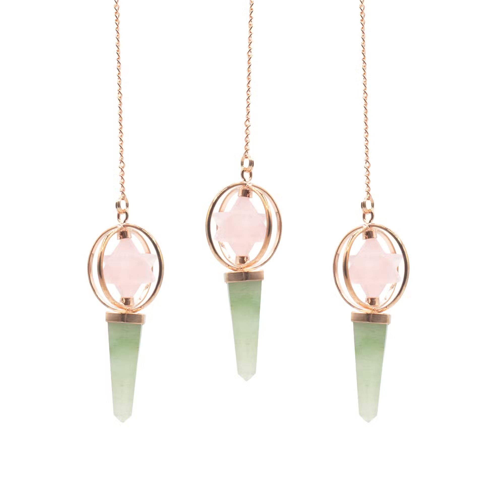 Boussole du cœur - Étoile Merkaba tournante en deux pièces dans un pendule en cuivre - Quartz rose et Aventurine verte