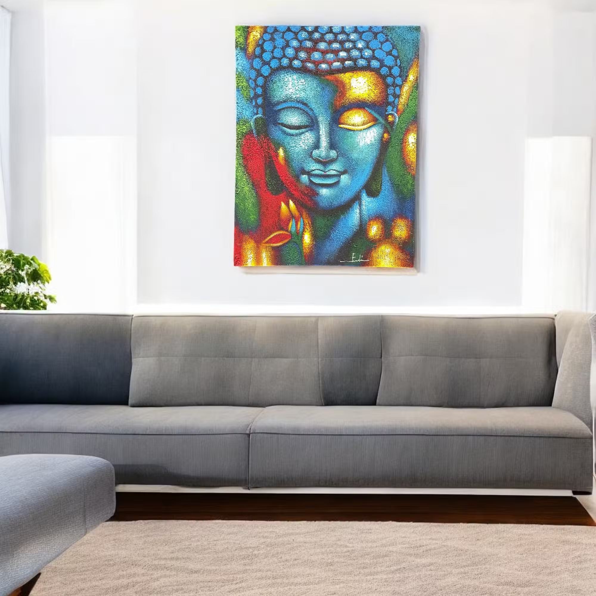 Peinture Bouddha – Fleur Bleue & Dorée