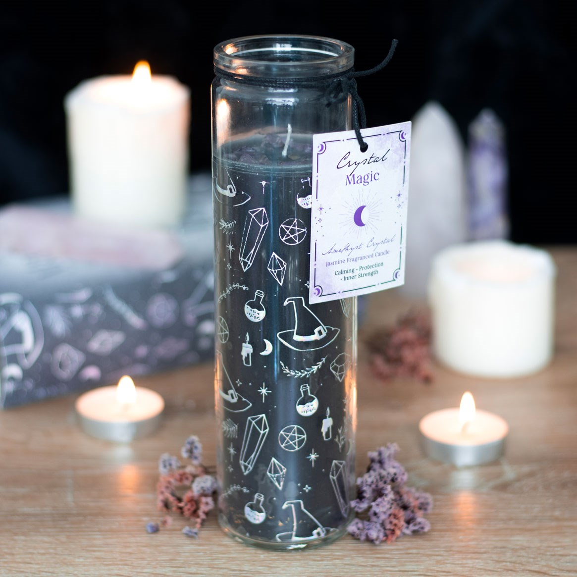 Bougie en tube Crystal Witch Jasmine avec éclats d'améthyste