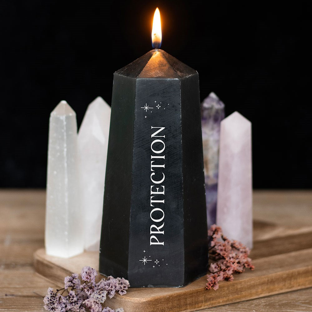 Bougie de cristal de protection avec obsidienne noire rugueuse