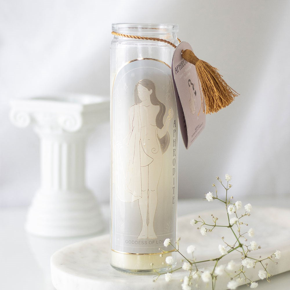 Bougie tubulaire de la déesse Aphrodite avec des cristaux de quartz rose