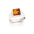 Chevalière carrée avec ambre cognac naturel carré, en argent rhodié 925