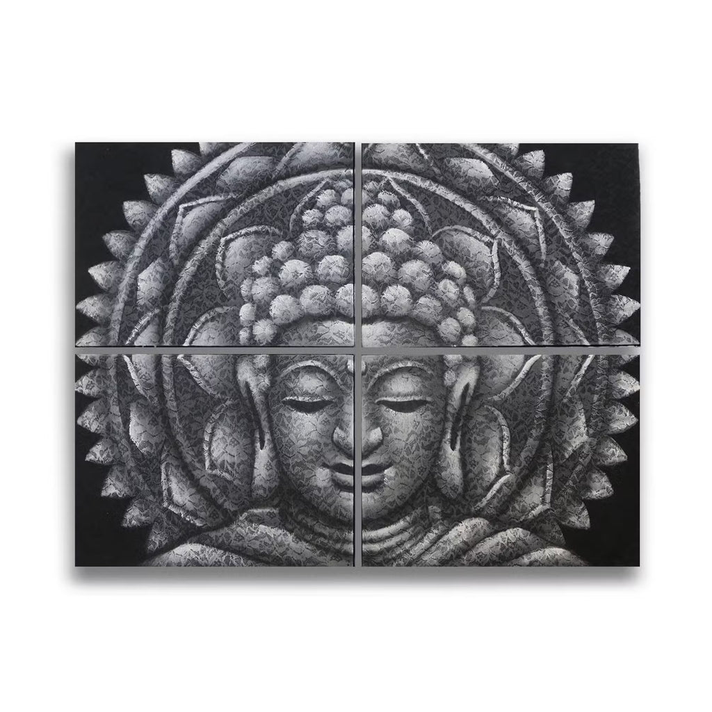 Bouddha Mandala Gris Détail Brocart - 30x40cm x 4