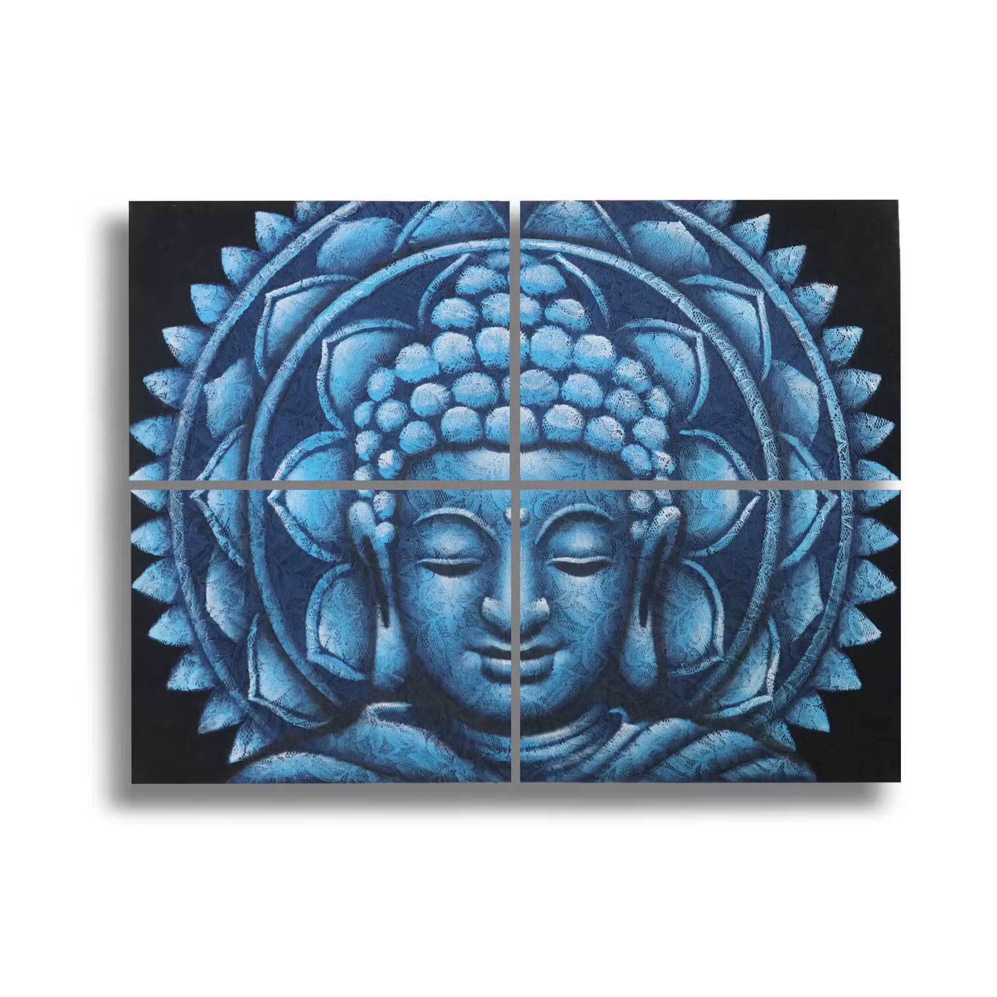 Bouddha Mandala Bleu Détail Brocart - 30x40cm x 4