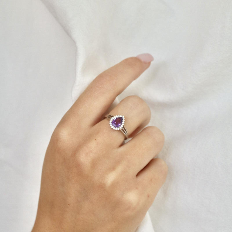 Bague avec améthyste et oxyde de zirconium, en argent rhodié 925