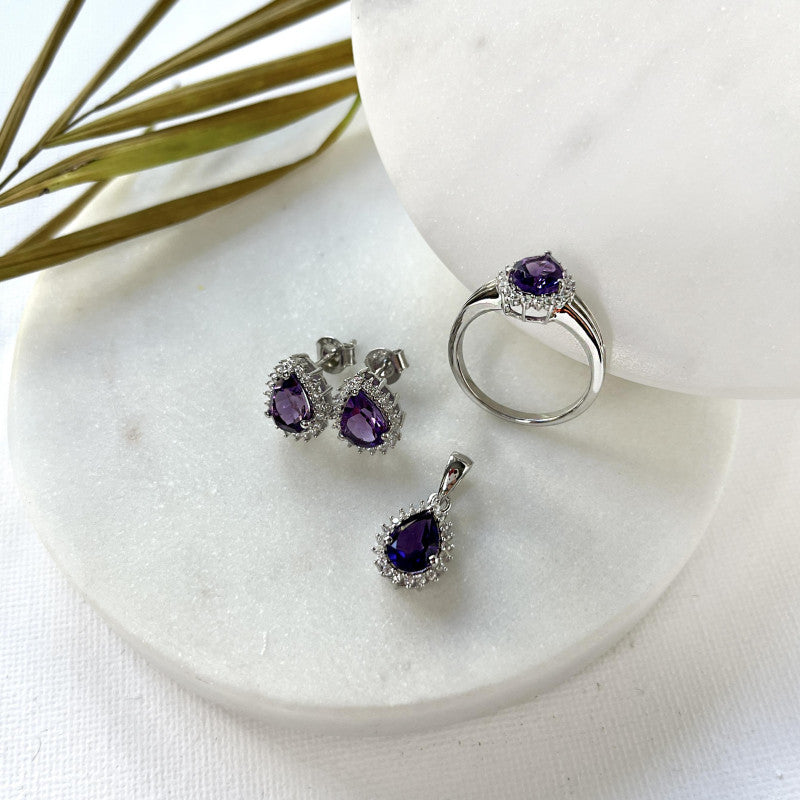 Bague avec améthyste et oxyde de zirconium, en argent rhodié 925