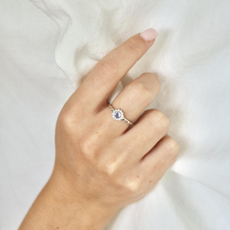 Bague avec tanzanite bleue naturelle, en argent rhodié 925