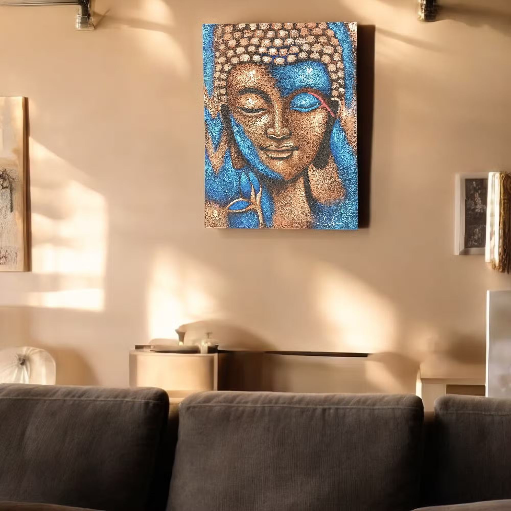 Peinture Bouddha – Fleur Bronze & Bleue