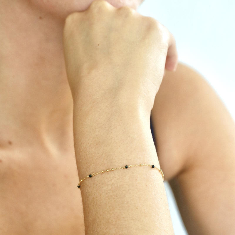 Bracelet avec spinelle noir naturel, en argent doré 925, longueur 15+3 cm